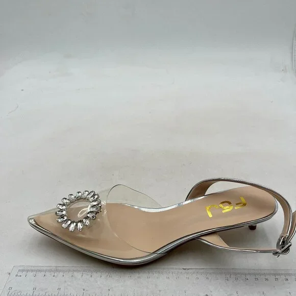 FSJ Women's Silver Heels Dress Shoes Wedding Shoes, Bride Silver Rhinestone - Picture 2 of 7